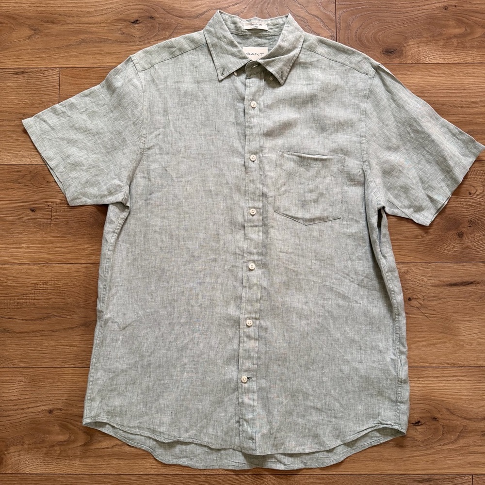 GANT Men’s Linen Button-Down Shirt Green Short Sleeve Regular Fit Size L